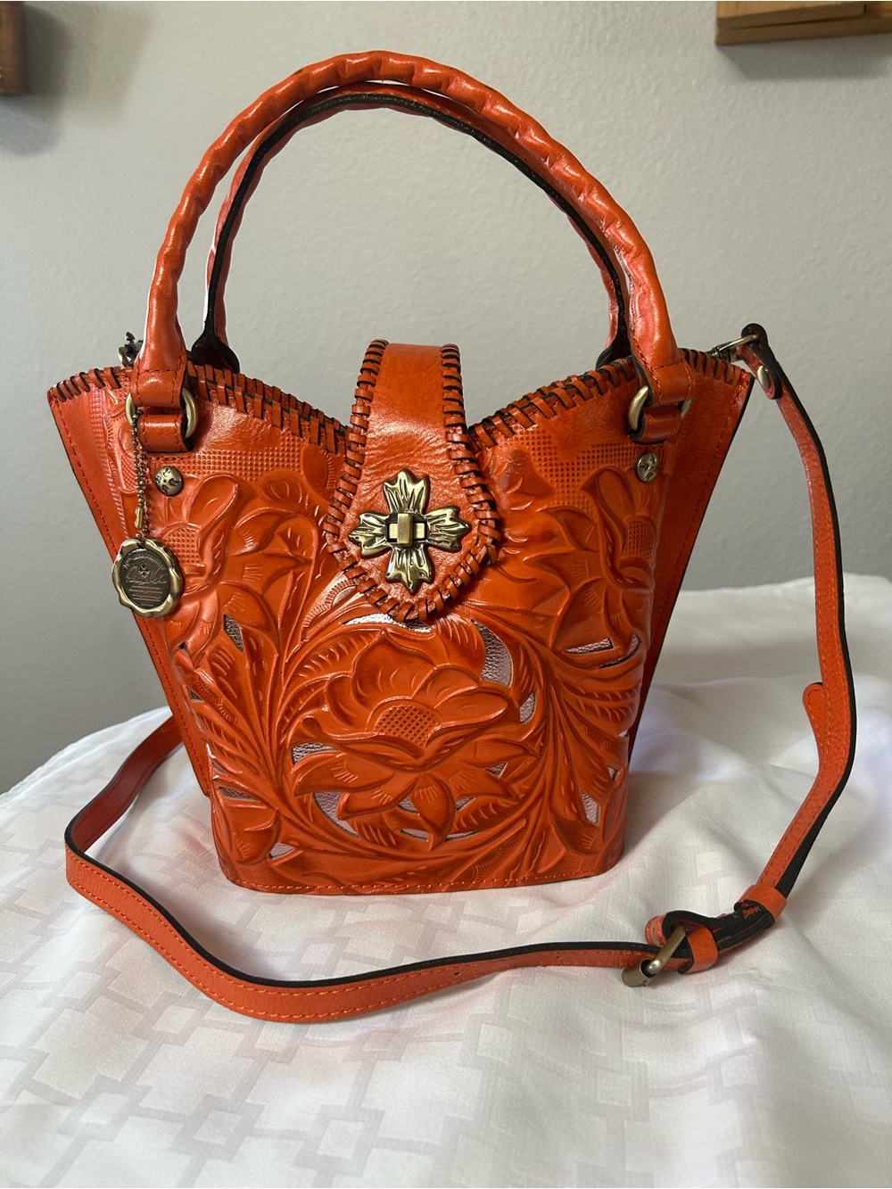 Patricia Nash Ninetta Orange Tooled & Cut Out Leather V Shaped Anniversary Tote